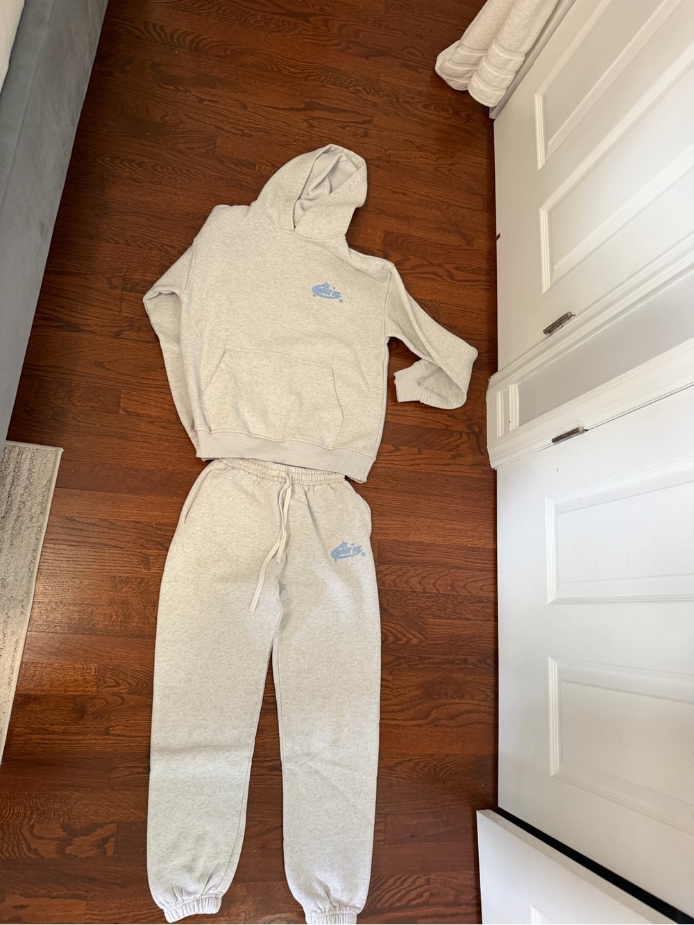 White Fox Boutique Light Gray Kids Hoodie & Jogger Pajama Set with Blue Logo